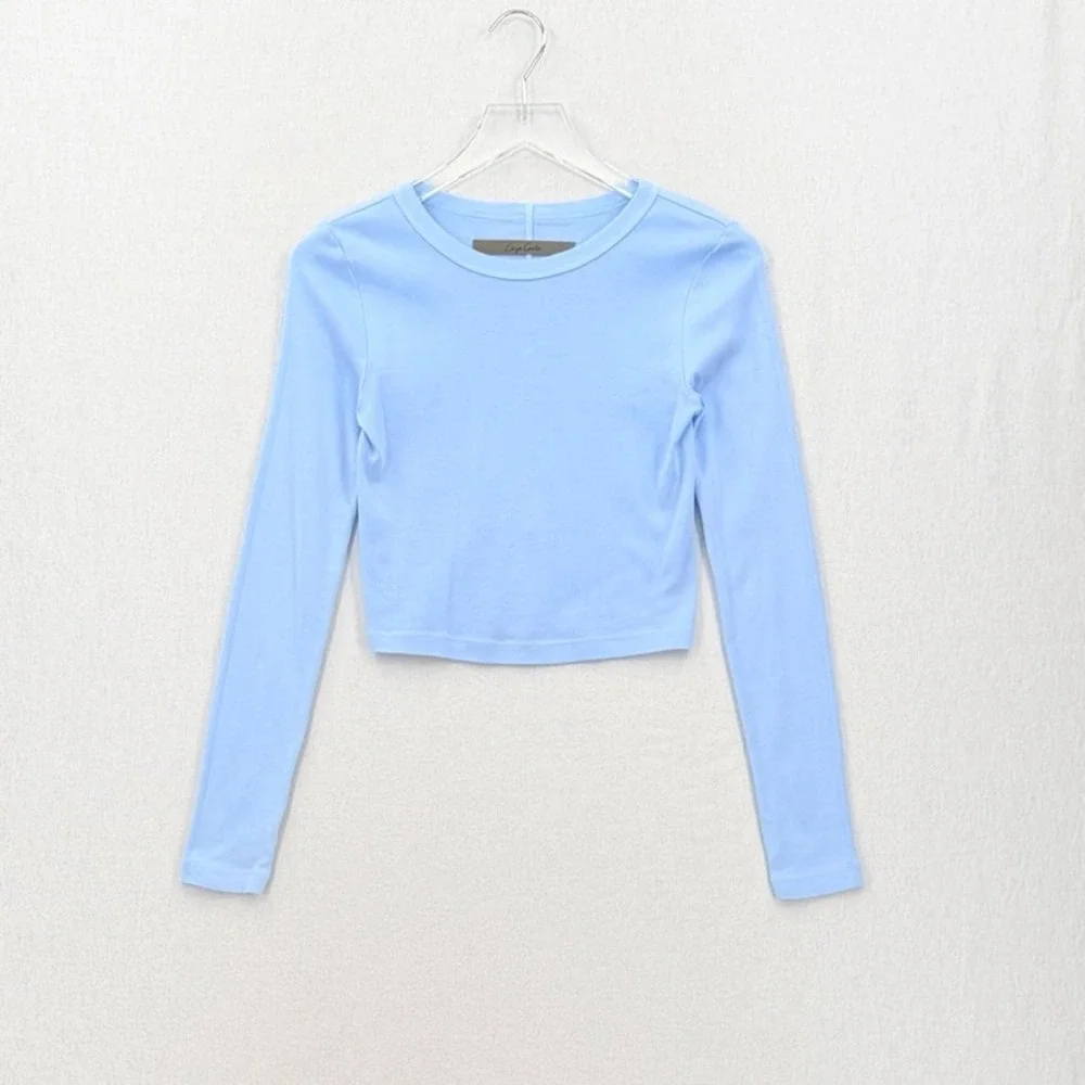 ENZA COSTA Supima Baby Rib Long Sleeve Cropped Top Womens Small Blue Crew Tee - Picture 3 of 12
